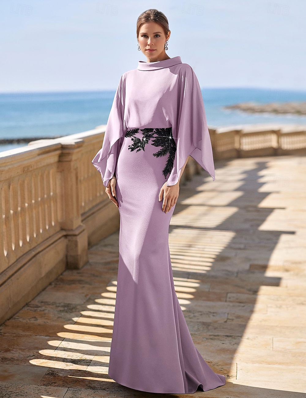 Abito A-Line abito madre della sposa elegante collo alto lunghezza fino alla caviglia chiffon stretch maniche a tre quarti con pizzo colore solido del 2025 a $176.99 –P1