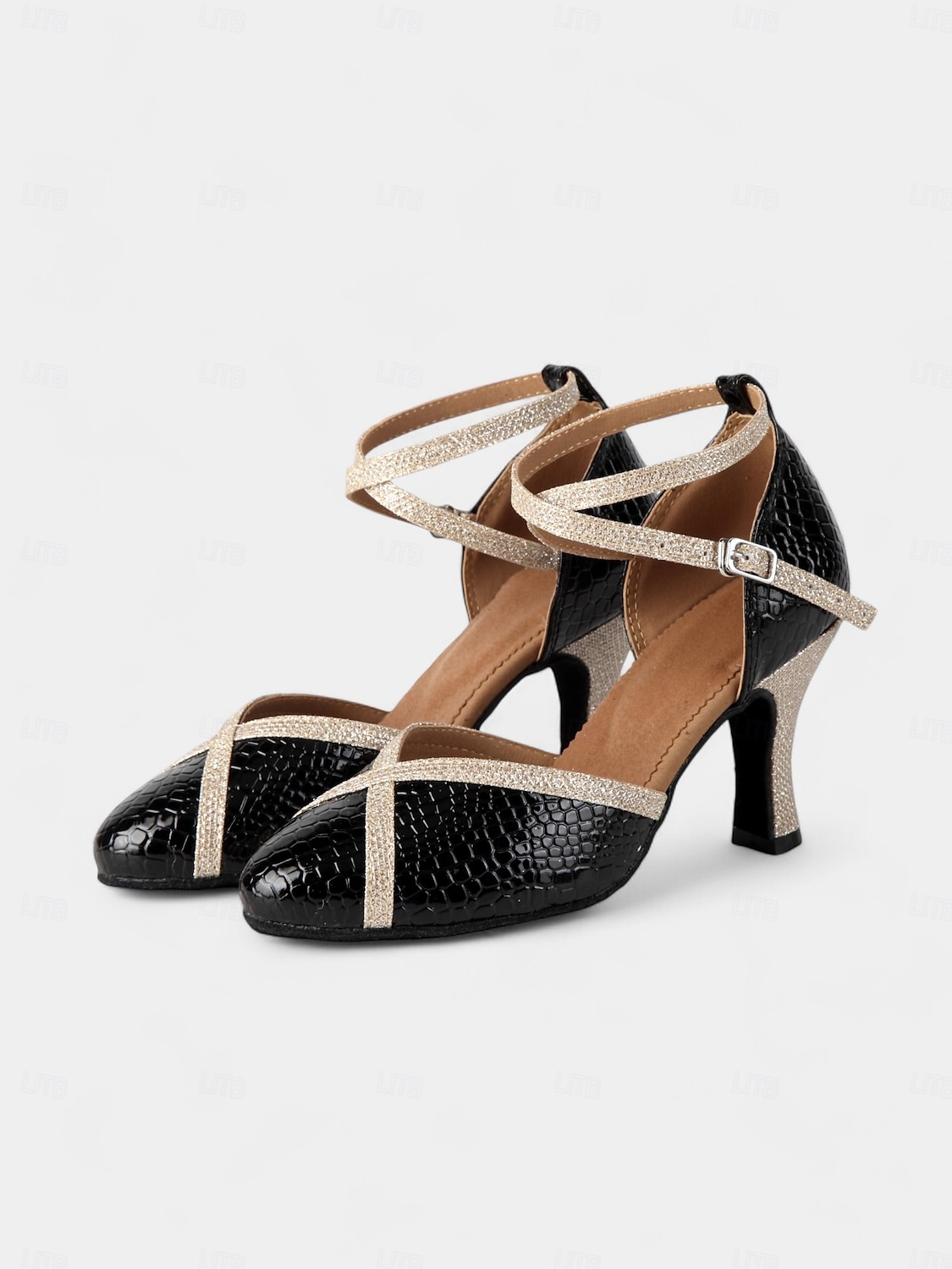 Black and Gold Crocodile Pattern Dance Shoes for Women with Glitter Strap and Mid Heel - Perfect for Ballroom and Latin Dancing 2025 - $46.99 –P4