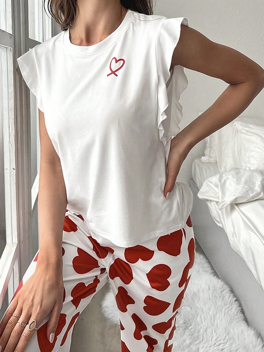 Women's Pajama Set Casual Comfort Heart Ruffle Elastic Waist Tank Top Pant Home Valentine's Day Daily Sleeveless Crew Neck Black Pink Red Summer Spring Fall Regular Fit 2025 - $21.99 –P2
