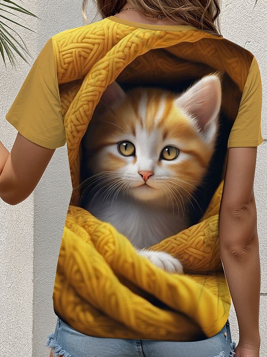 Femme T shirt Chat mode Décontractées Manche Courte Col V Hauts réguliers du quotidien Imprimer Jaune Eté de 2025 ? $19.99 –P2