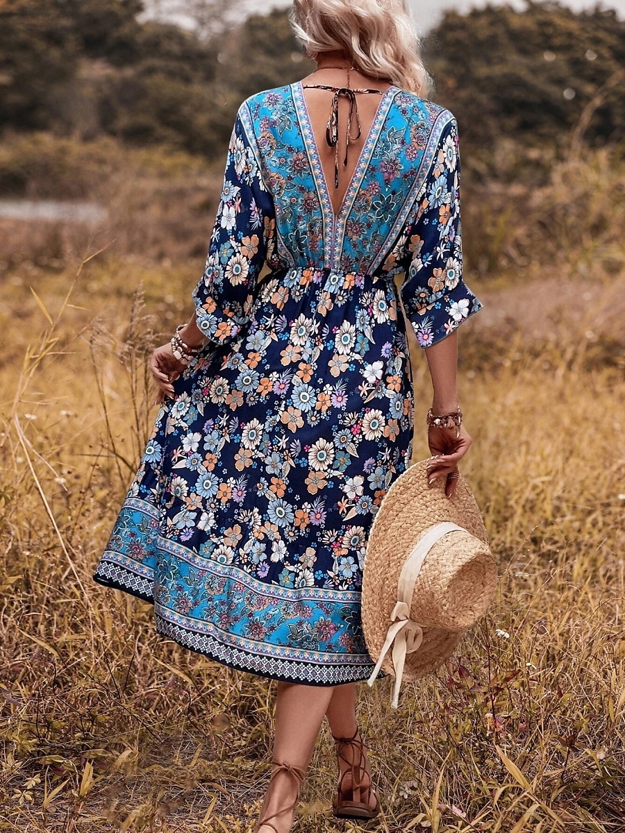 Women's Midi Dress Casual Dress A Line Dress Boho Dress Boho Wedding Guest Dress Ethnic Casual Vacation Daily Regular Fit Floral 3/4 Length Sleeve V Neck Black Navy Blue Light Blue Spring Fall 2025 - $35.99 –P10