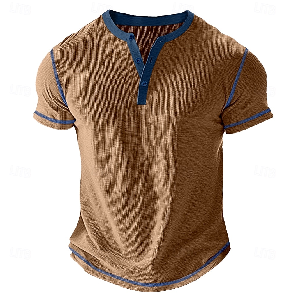 2025年 男性用 ワッフルヘンリーシャツ Tシャツ 半袖 純色 ボタン ヘンリー アウトドア カジュアル 日常 夏 ブラック ホワイト イエロー ヘンリーTシャツ コレクション – $17.99 –P4