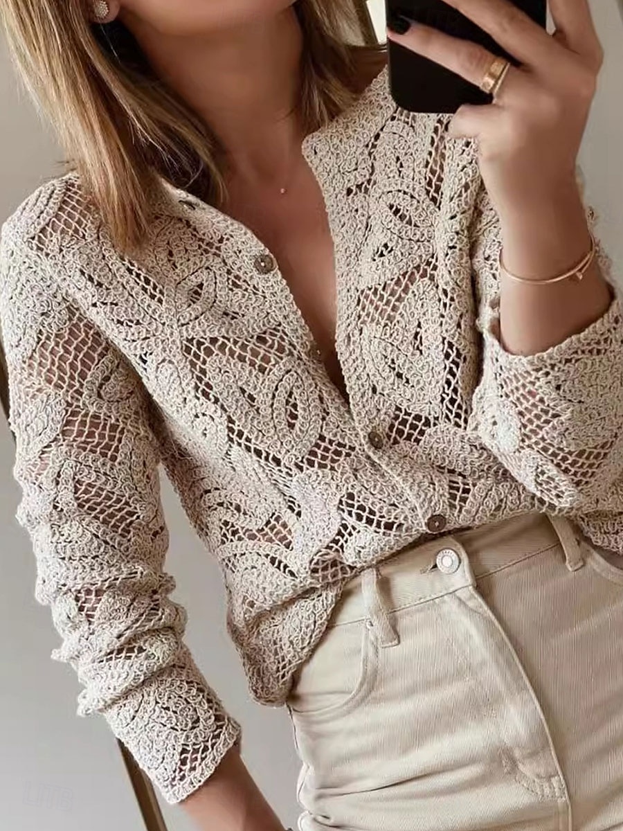 Dame Bluse Helfarge Grunnleggende Fritid Langermet Crew-hals Vanlige topper Daglig Uthult Knapper Kakifarget Høst Vinter 2025 - $34.99 –P3
