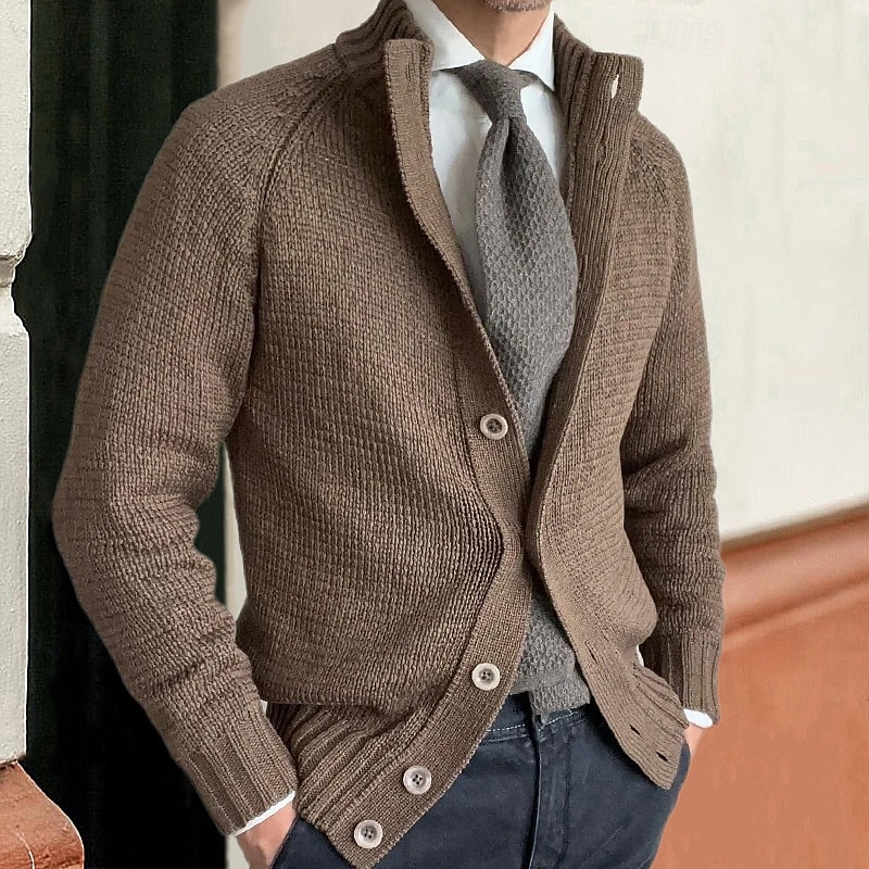 Herren Strickjacke Kurzer Pullover Gerippt Stricken Standard Knopf Feste Farbe Ständer Modisch Klassisch Urlaub Freizeitskleidung Bekleidung Herbst Winter Schwarz Kaki M L XL 2025 - $38.99 –P5