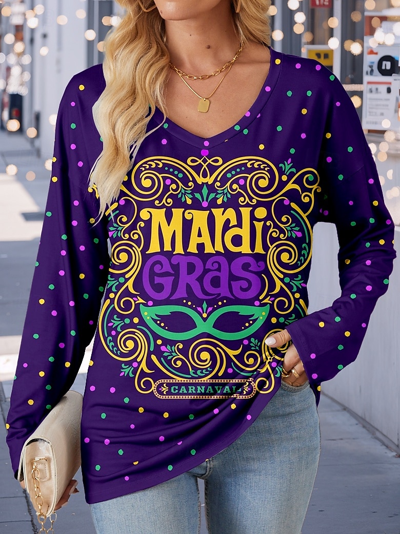 Carnival Women's T Shirt Graphic Casual Long Sleeve V Neck Long Tops Daily Weekend Print Purple Fall Winter 2025 - $24.99 –P1