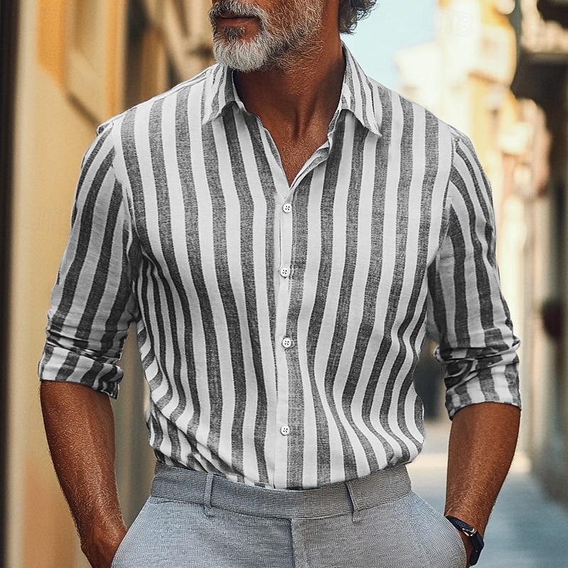 Hombre Camisa camisa de lino Camisa de verano Ropa de playa Abotonar la camisa A Rayas Fiesta Calle Negro Rojo Azul Piscina Gris Ligero Manga Larga Cuello Verano Ropa 2025 - $26.99 –P1