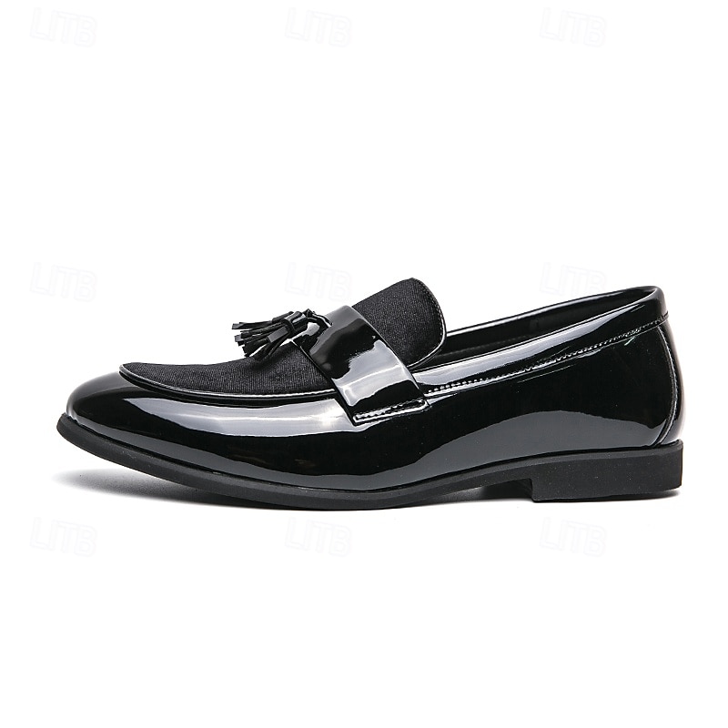 Men's Black Patent Faux Leather Tassel Loafers – Velvet Accent Slip-On Dress Shoes for Wedding and Formal Wear 2025 - $46.99 –P5