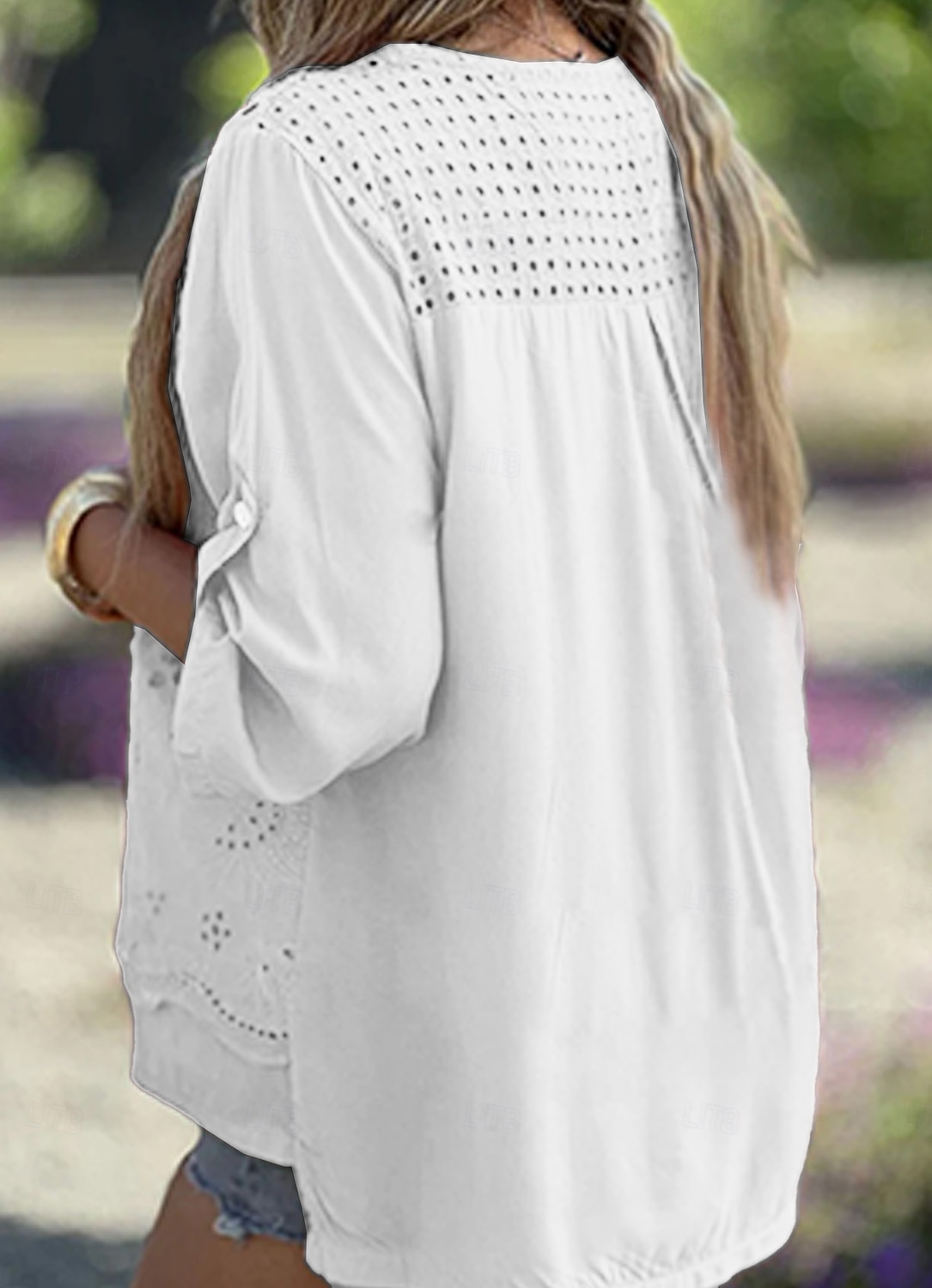 Damen Leinen-inspirierte Hemden Oberteil mit Ösen Weiße Baumwollbluse Elegante Oberteile Elegant Stilvoll Modern Langarm V Ausschnitt Normale Oberteile Arbeit Täglich Ferien Patchwork Ausgehöhlt Weiß 2025 - $26.99 –P3