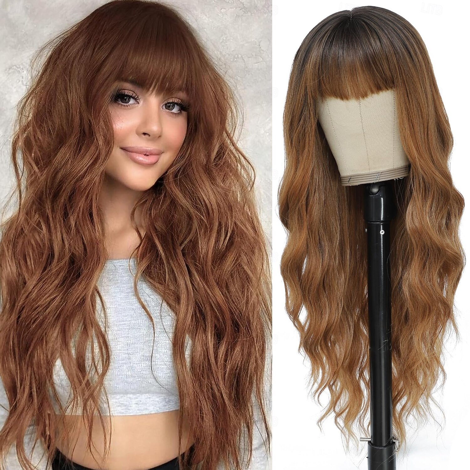 parrucca con frangia per donna parrucche lunghe e ondulate parrucche dall'aspetto naturale parrucca sintetica resistente al calore per uso quotidiano alle feste del 2025 a $23.99 –P1