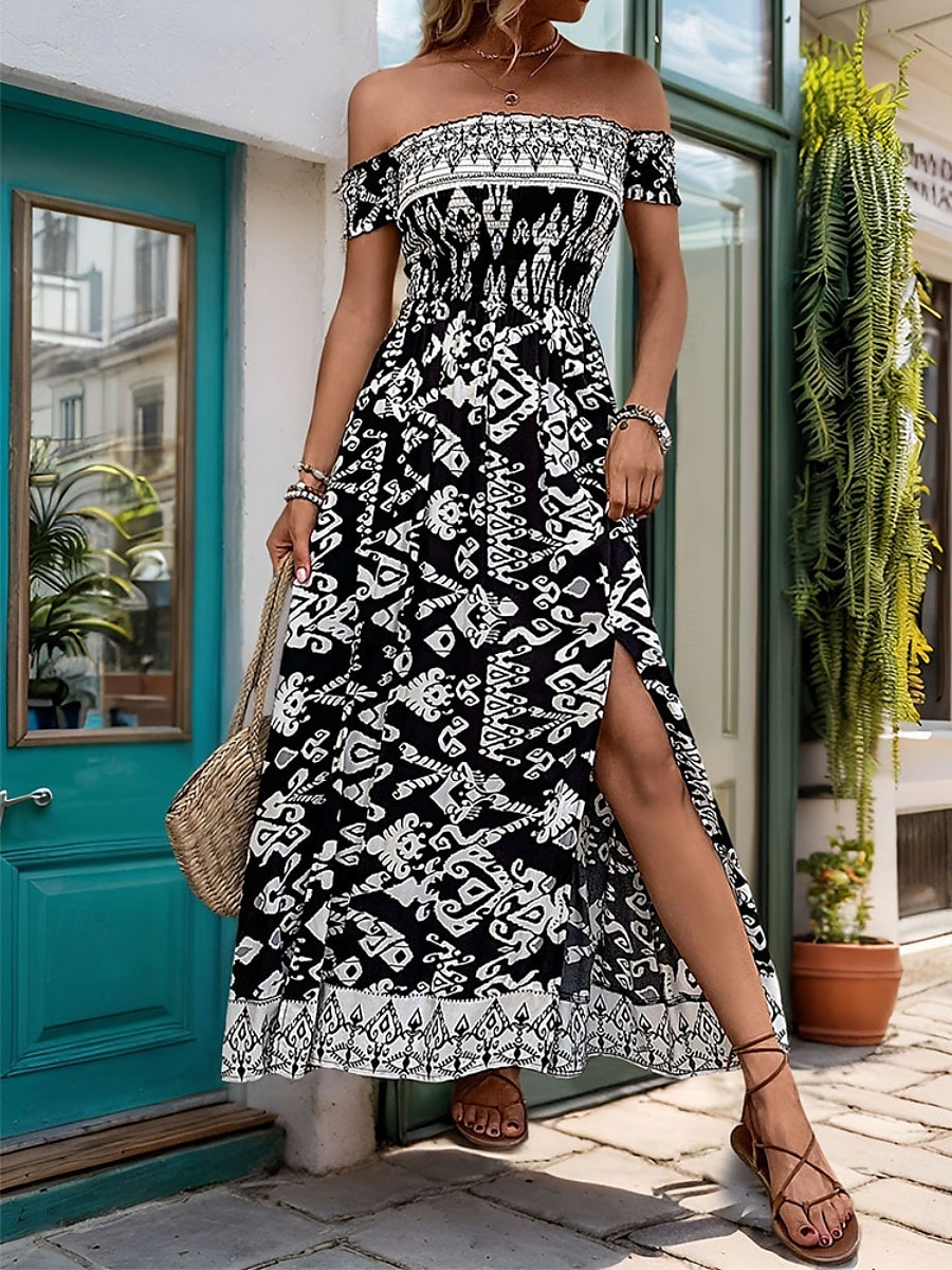 Női Maxiruha hétköznapi ruha Boho elegáns ruhák A vonalú ruha Boho ruha Csehország Stílusos Alkalmi Vakáció Napi Laza öltözet Grafika Rövid ujjú Aszimmetrikus Fekete Nyár Tavasz 2025 - $48.99 –P5
