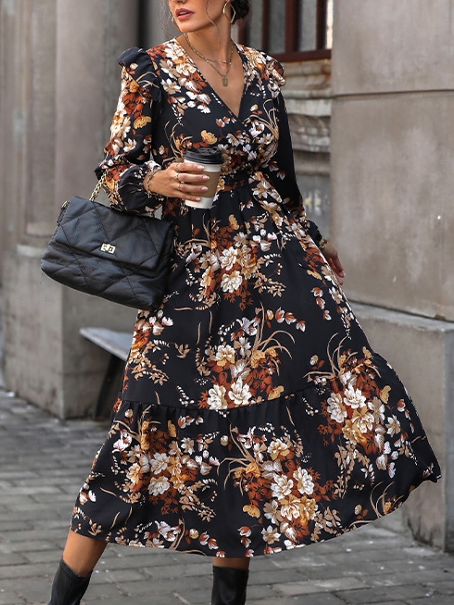 Per donna Vestito longuette Abito casual Vestito svasato Abito linea A Moda Informale Da mare Giornaliero Standard Floreale Manica lunga A V Nero Primavera Autunno del 2025 a $51.99 –P5