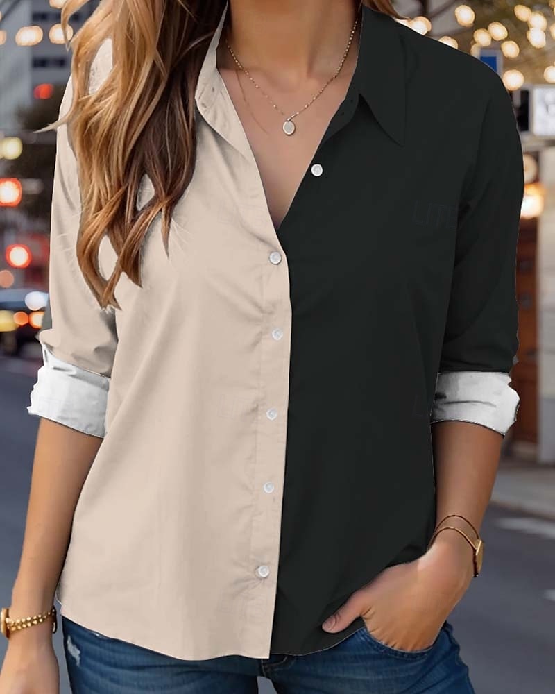 Damen Hemd Farbblock Lässig Langarm Hemdkragen Normale Oberteile Arbeit Täglich Knöpfe Druck Khaki Frühling Herbst Winter 2025 - $32.99 –P1