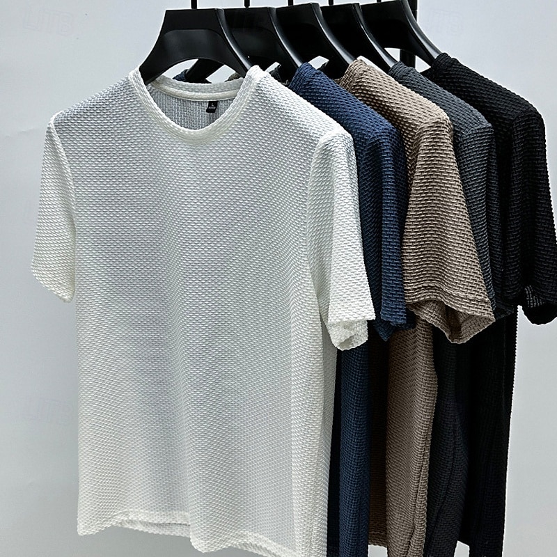 Men's Waffle Tee Cool Shirt Tee Top Short Sleeve Crew Neck Summer Striped Vintage Fashion Crewneck Work Office / Career Casual Black White Navy Blue Top Tee for Men 2026 - $13.49 –P6