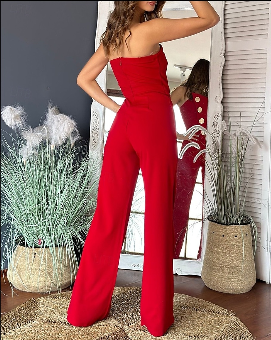 Dames Normaal Jumpsuit Elegant Effen Kleur Mouwloos Breed Been Strapless Knop Dagelijks Normale pasvorm Zwart Wit Rood Zomer 2025 - $36.99 –P8
