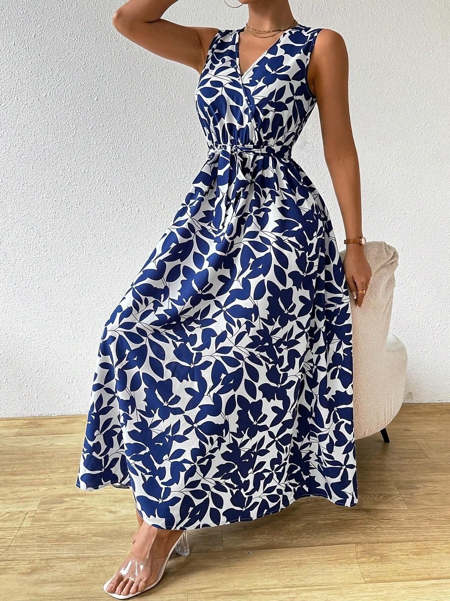 vestido longo feminino floral com decote em v sem mangas verão primavera de 2025 por $38.99 –P5