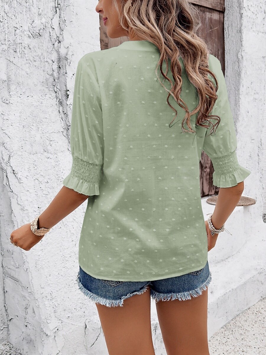 Damen Hemd Bluse Feste Farbe Basic Brautkleider schlicht Halbe Ärmel Gekerbter Hals Normale Oberteile Täglich Bestickt Weiß Rosa Grün Sommer Frühling & Herbst 2025 - $39.99 –P12