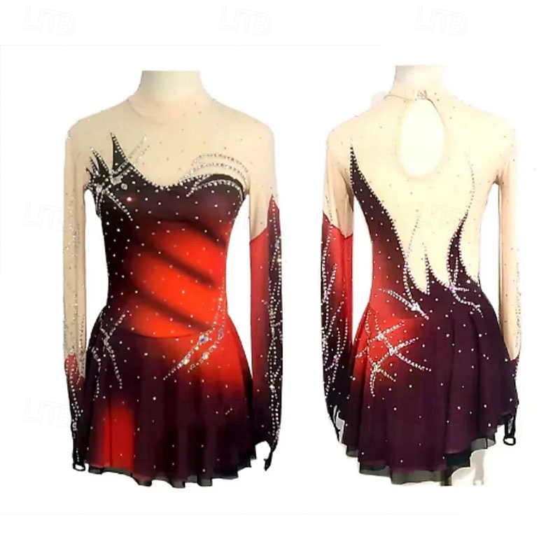 Figure Skating Dress Women's Girls' Ice Skating Dress Black Red Patchwork High Elasticity Training Competition Skating Wear Classic Crystal / Rhinestone Long Sleeve Ice Skating Figure Skating 2026 - $234.39 –P2