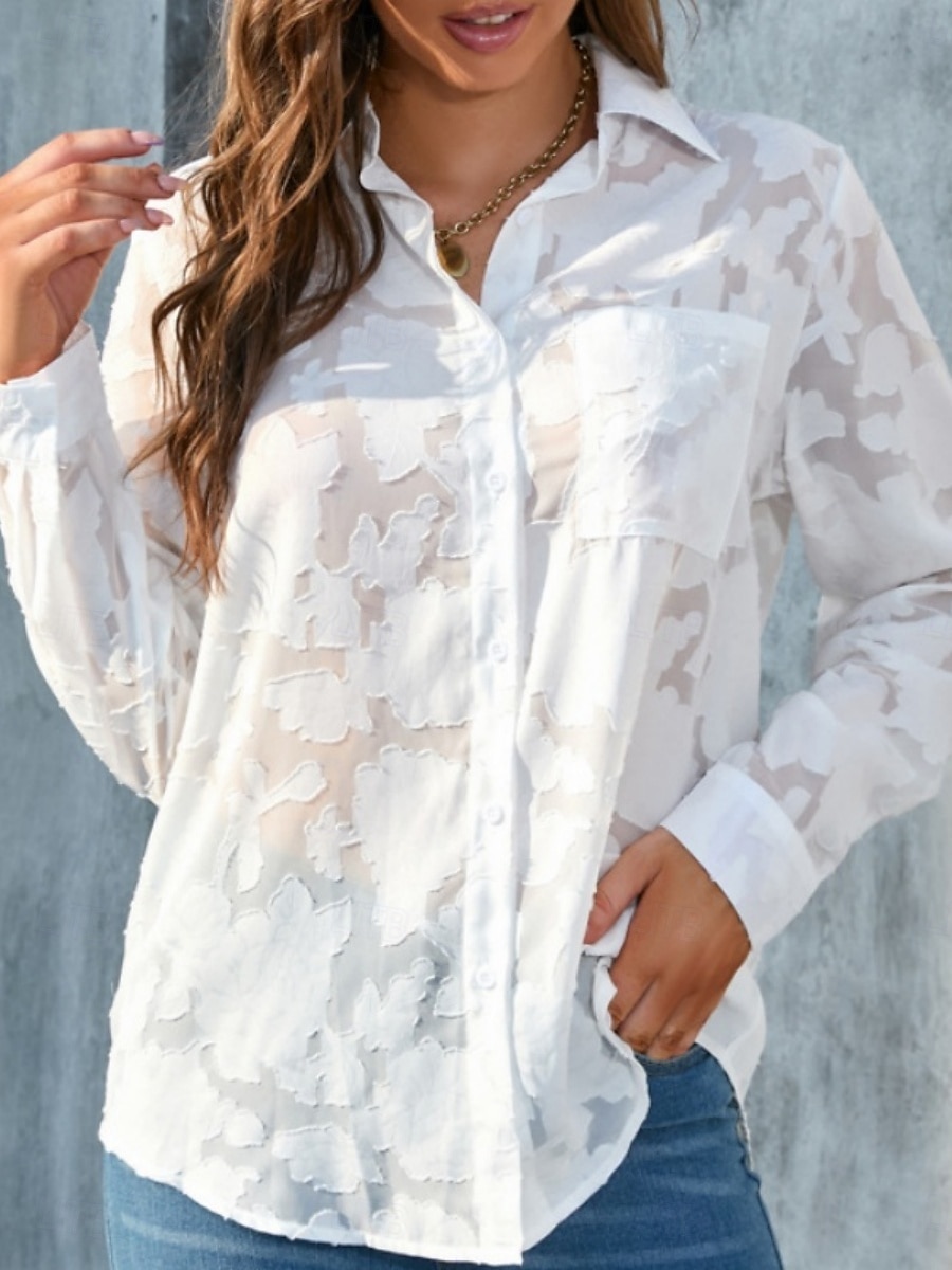Kvinners hvite elegante blonde topper øyelet bluse uformell ensfarget vanlig topper lang erm skjortekrage knapper lomme vanlig passform daglig romantiske petite topper sommerferie slitasje hvit gul 2025 - $21.99 –P1