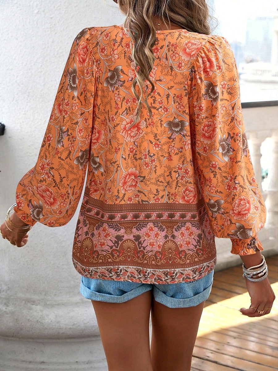 Dame Skjorte Bluse Blomstret Bohem Fritid Langermet V-hals Vanlige topper Daglig Trykt mønster Gul Rosa Navyblå Blå Oransje Sommer Vår Høst 2025 - $29.99 –P12