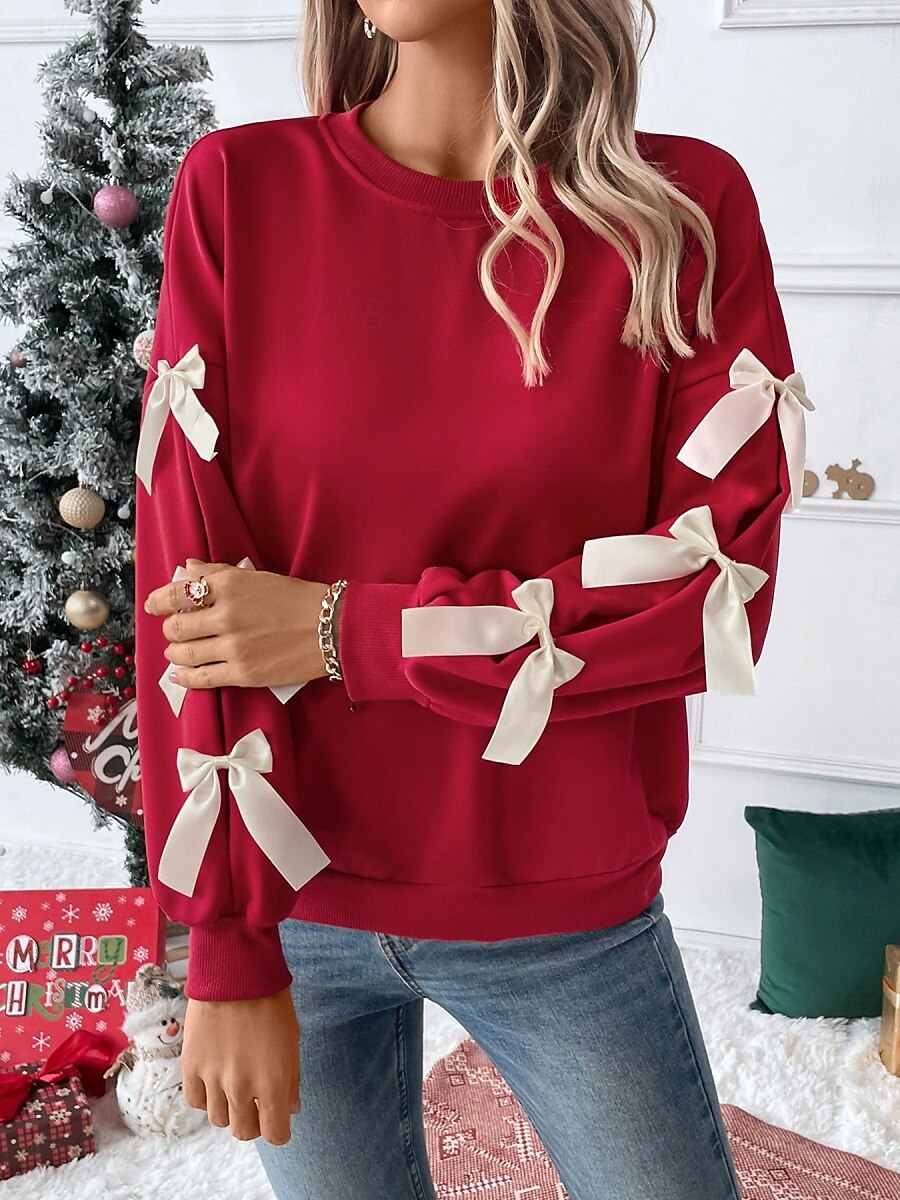 Women's Sweatshirt Casual Plain Street Dailywear Crew Neck Patchwork Long Sleeve Red Fall Winter 2025 - $37.99 –P4