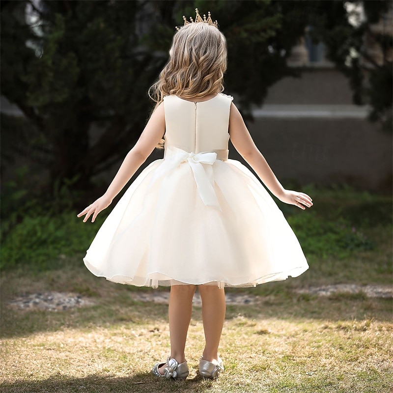 Robe de Demoiselle d'Honneur Fille enfants Fille Robe de princesse Utilisation Mariage Soirée Elégant Magnifique Maille Couleur unie Sans Manches Col Ras du Cou Blanche Champagne 4 ans et + de 2025 ? $38.99 –P14