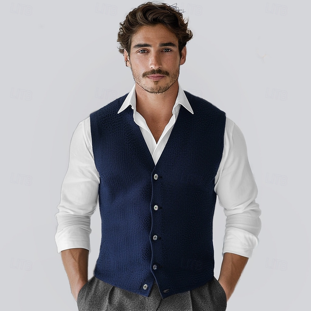 Herren Kaschmir Strickjacke Weste Stricken Knopf hoch V Ausschnitt Strickware Elegant Schule Formell Bekleidung Frühling Herbst Schwarz Marineblau S M L 2025 - $141.99 –P1