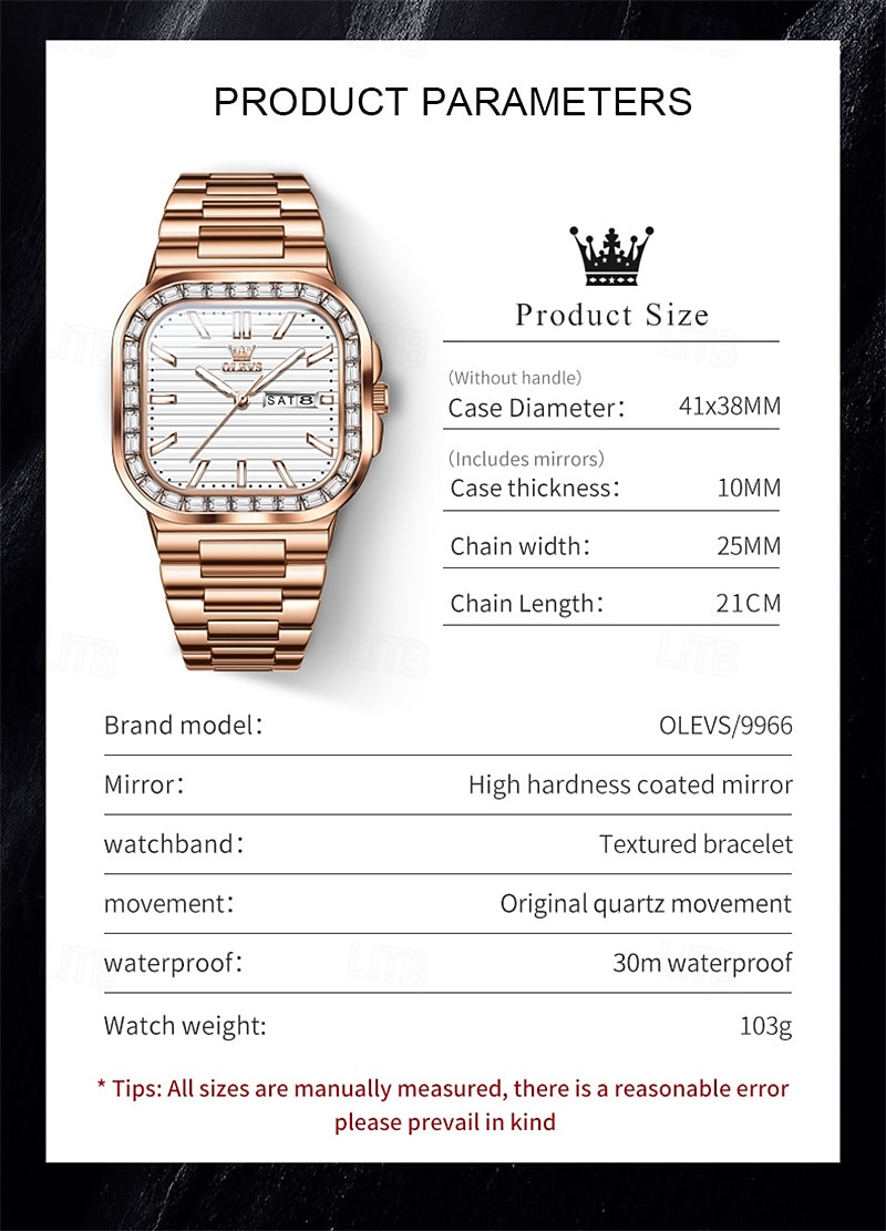 OLEVS miesten tankokello minimalistinen timanttikello muotipuku analoginen kvartsikello miesten kellot suorakulmainen vedenkestävä ruostumaton teräs hohtava päivämääräkello Valentinsdaglahja miehille 2026 - $41.99 –P6