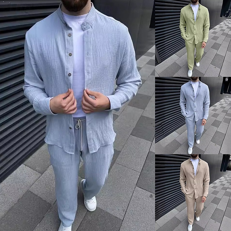 Herr 2 delar Skjorta set Matchande set Casual skjorta Knapp upp skjorta Svart Vit Blå Grön Khaki grön Långärmad Slät Bandkrage Semester Dagligen Kläder Mode Ledigt 2025 - $45.99 –P1