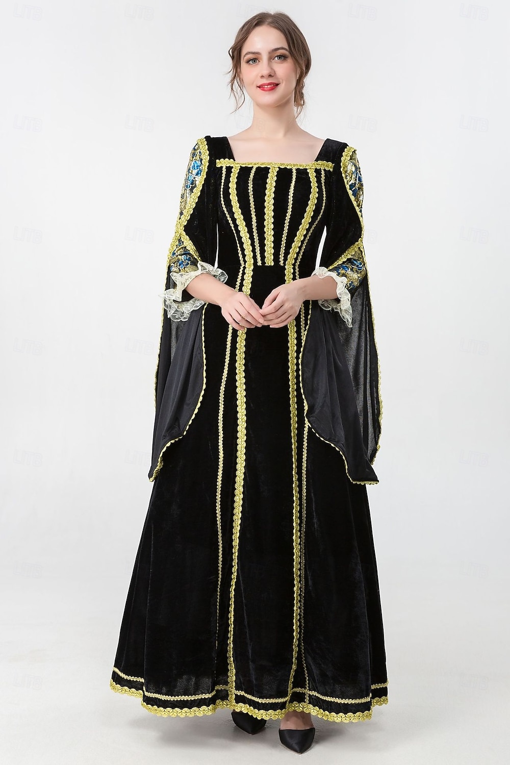 Mittelalterlich Renaissance Vintage-Kleid Maxi Kleid Glockenärmel Königin Wikinger Einfarbig Quadrathals Kostüm Damen königlich Halloween Karneval Maskerade Abschlussball Festival Erwachsene Kleid 2026 - $60.99 –P6