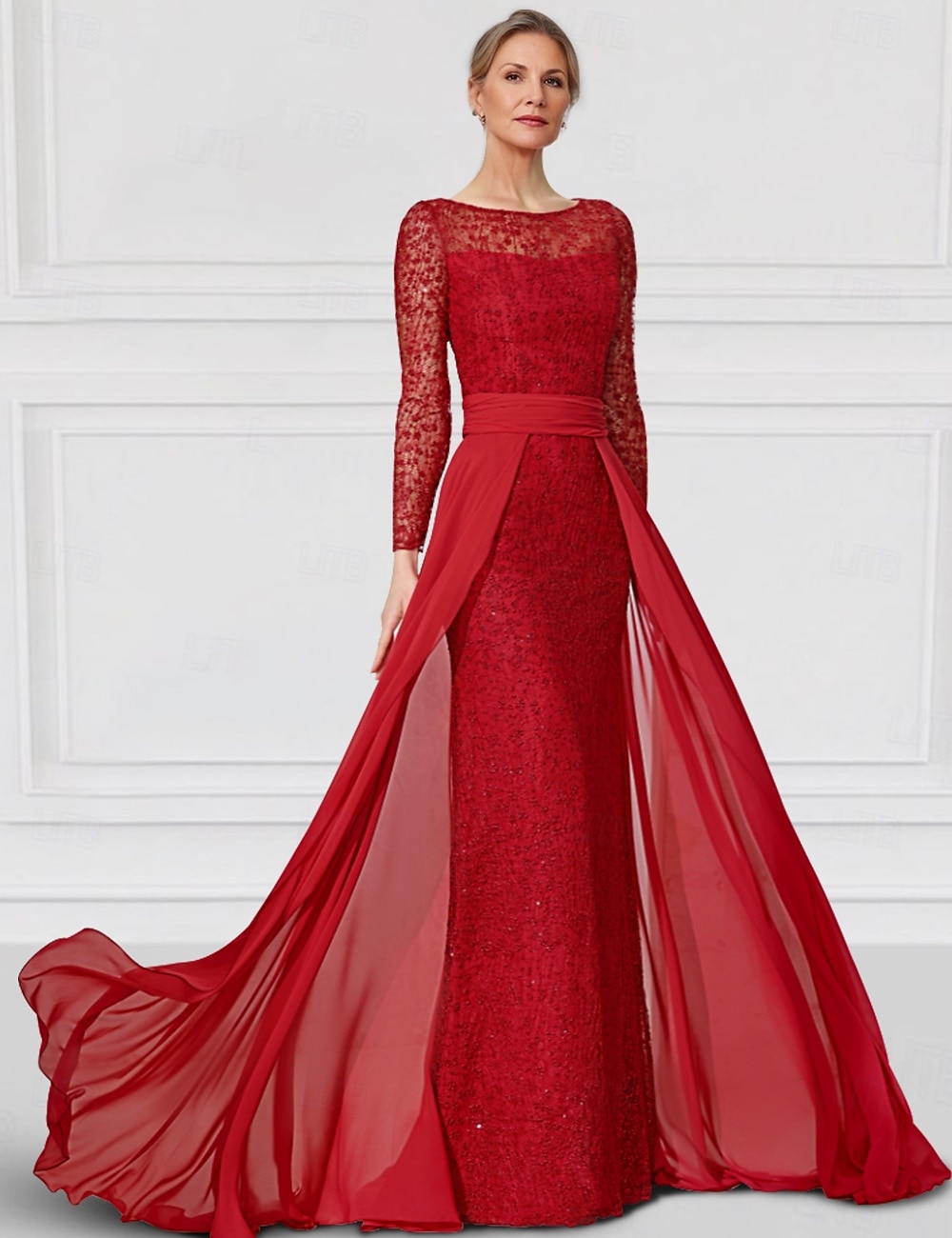 Kleid  Säulen-Kleid Brautmutter Kleid Elegantes Bateau-Ausschnitt Bodenlang Chiffon Spitze Lange Ärmel mit Spitze Einfarbig 2025 - $169.99 –P2