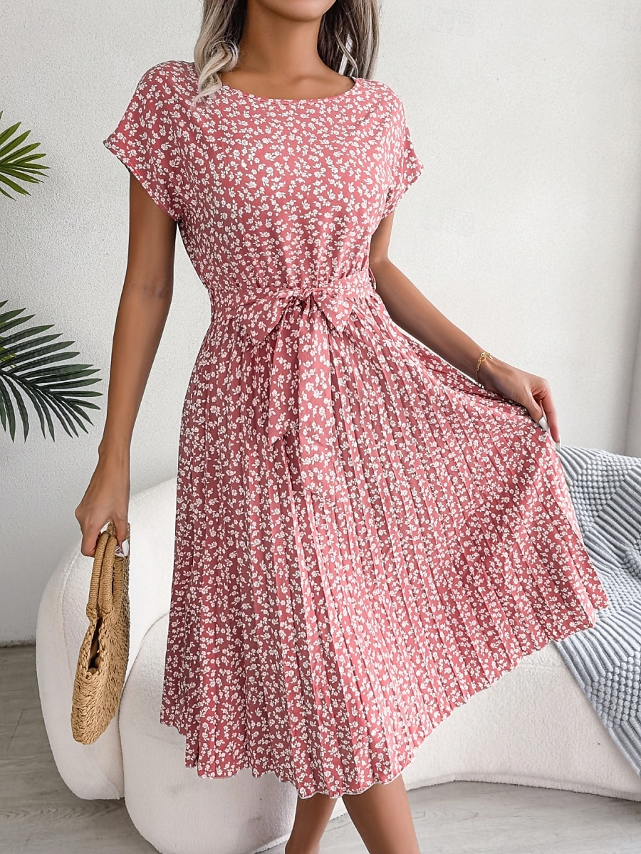 Women's Midi Dress Casual Dress A Line Dress Stylish Casual Vacation Daily Regular Fit Floral Short Sleeve Crew Neck Pink Light Blue Summer Spring 2025 - $36.99 –P9