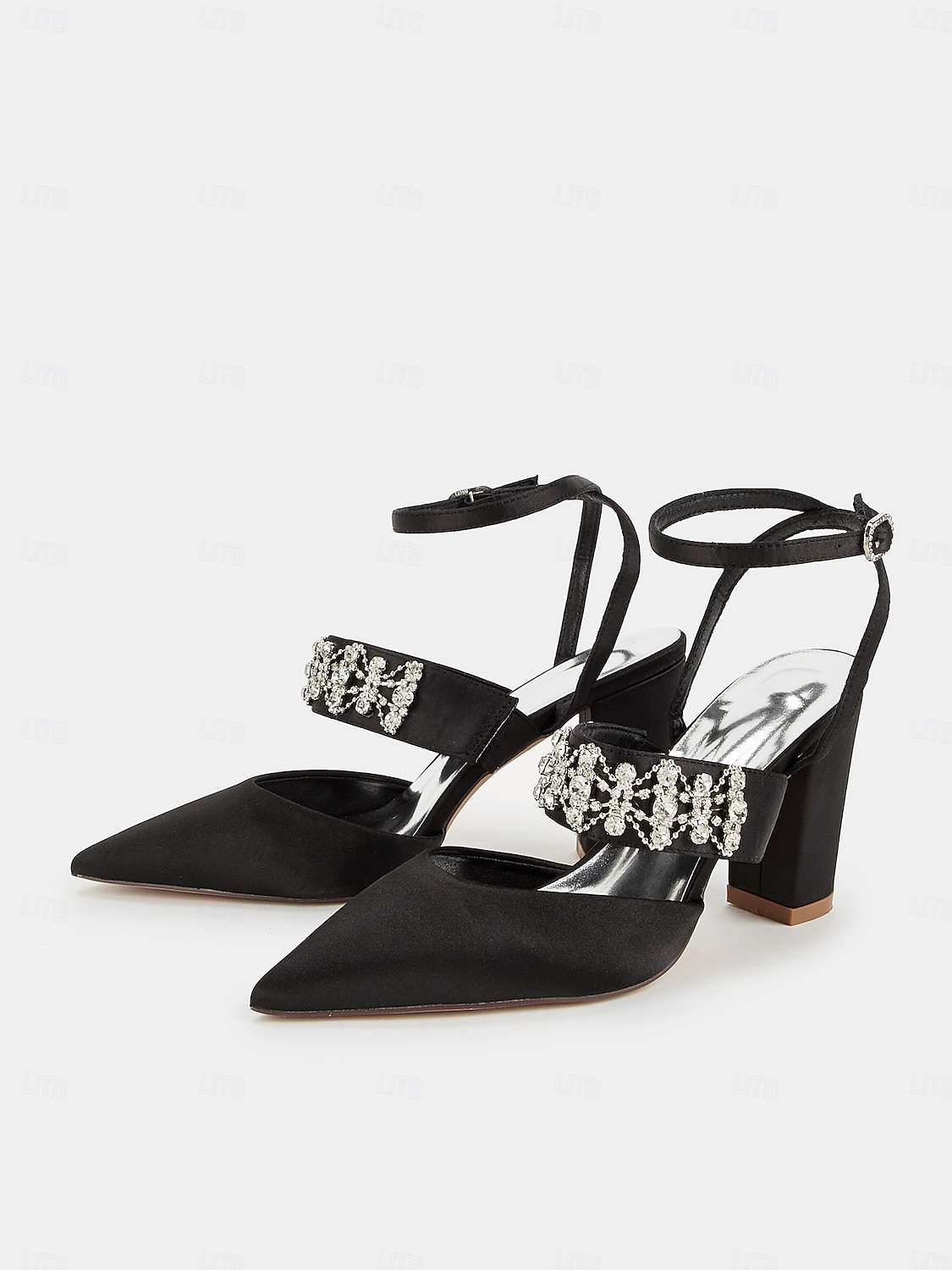 Women's Black Satin Pointed Toe Heels – Rhinestone Embellished Ankle Strap Chunky Heels for Evening Parties and Weddings 2025 - $64.99 –P5