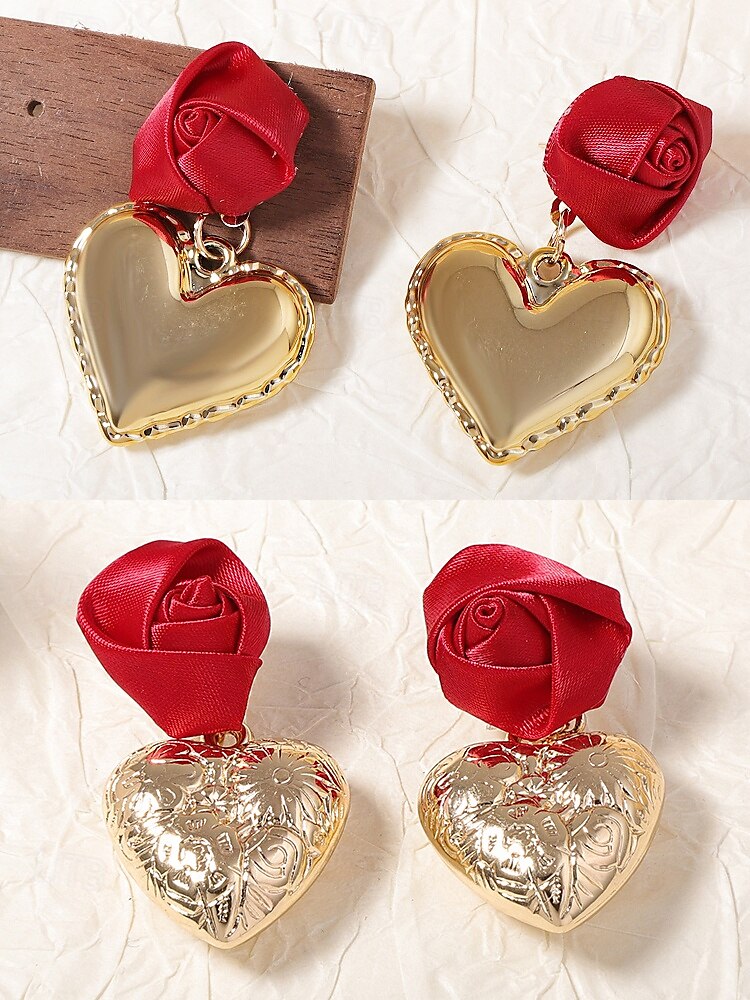brincos femininos românticos de rosa e coração, flor de cetim vermelho com design de coração dourado, joias de destaque para casamentos, presentes de dia dos namorados e ocasiões especiais de 2025 por $7.99 –P4