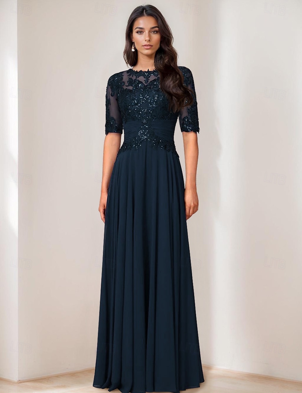 Suknia A-Liniowa Suknia Matki Panny Młodej Elegancka Suknia na Imprezę Dekolt w Serek Długość do Podłogi Chiffon Półrękaw z Koronką Kolor Jednolity 2025 - $191.99 –P1