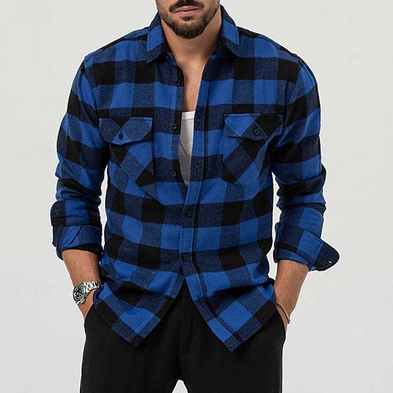 Men's Shirt Summer Shirt Casual Shirt Beach Shirt Button Up Shirt Overshirt Yellow Blue Long Sleeve Plaid Lapel Vacation Hawaiian Button-Down Clothing Apparel Fashion Casual Comfortable 2025 - $25.99 –P8