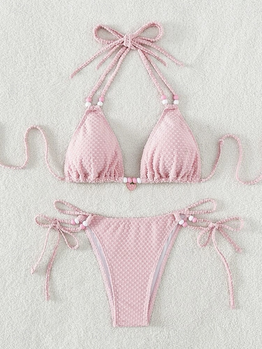 Dames Zwemkleding Bikini 2 stuks String Zwempak Blote rug Slank Vakantie Strand Kleding Effen Kleur Halternek Mouwloos Badpakken 2025 - $22.99 –P2