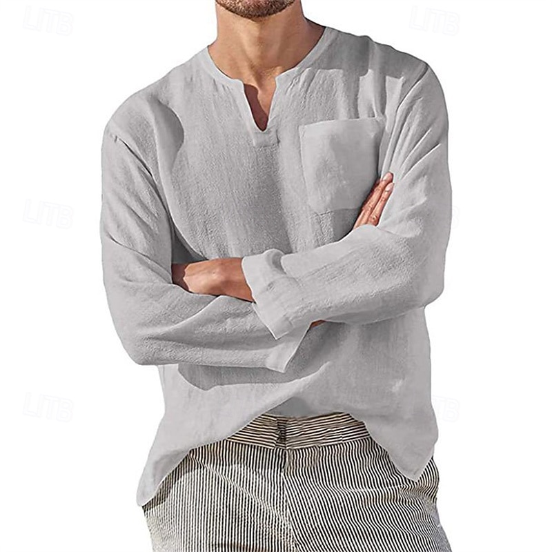 Homme Chemise Chemise Lin Chemise décontractée Plein Vacances Hawaïen Noir Blanche Vert Abricot manche longue Col V Printemps & Automne Vêtement Tenue Poche de 2025 ? $4.99 –P7