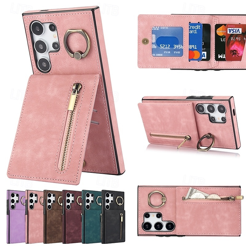 telefon Carcasă Pro Samsung Galaxy S24 S24 Ultra Plus S24 FE S23 S22 S21 S20 Ultra Plus FE A14 A54 A53 A33 A12 A32 Zadní kryt se stojánkem Držák na prsteny Zip Retro TPU PU kůže 2025 - $19.99 –P1