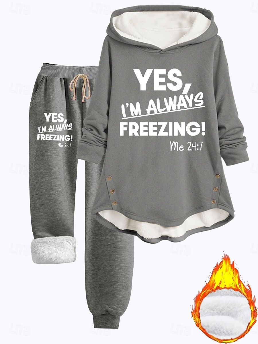 Kvinne 2 deler Loungewear Sett Hettegenser og Joggebukser Casual Kaldt Vær Frase Print med Fleece Fôr Koselig Passform Vinter 2025 - $49.99 –P4