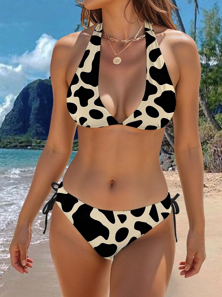 Női fürdőruhák Bikiniszett 2 részes Feltűnő fürdőruha Hát nélküli Karcsúsító Vakációs Strandruha Tehén mintás V nyakú Ujj nélküli Fürdőruhák 2025 - $26.99 –P1