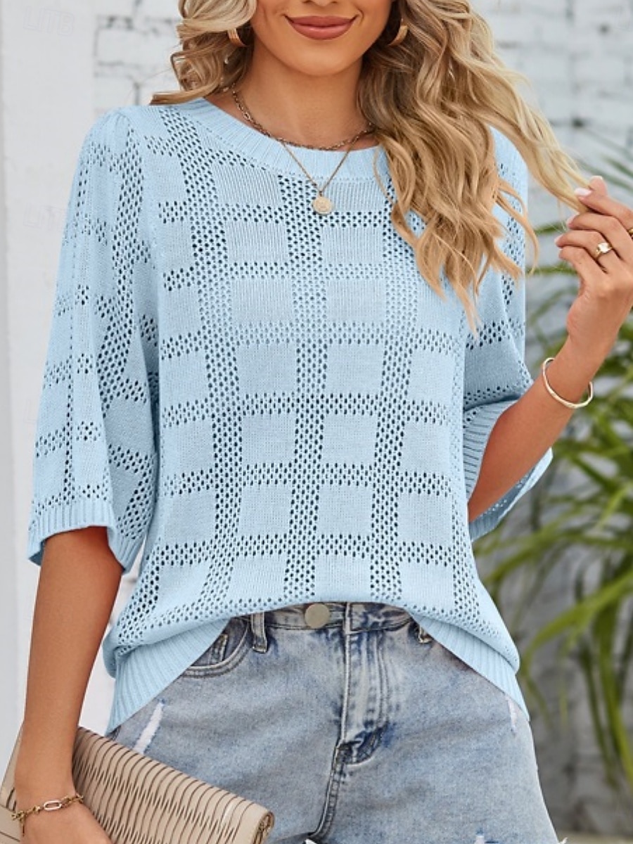 2025年 女性用 ニット カジュアル ソフト ピュアカラー リブ クルーネック ニット 七分袖 レギュラートップス ニット アウトドア 日常 週末 ホワイト ピンク 春 秋  コレクション – $27.99 –P15