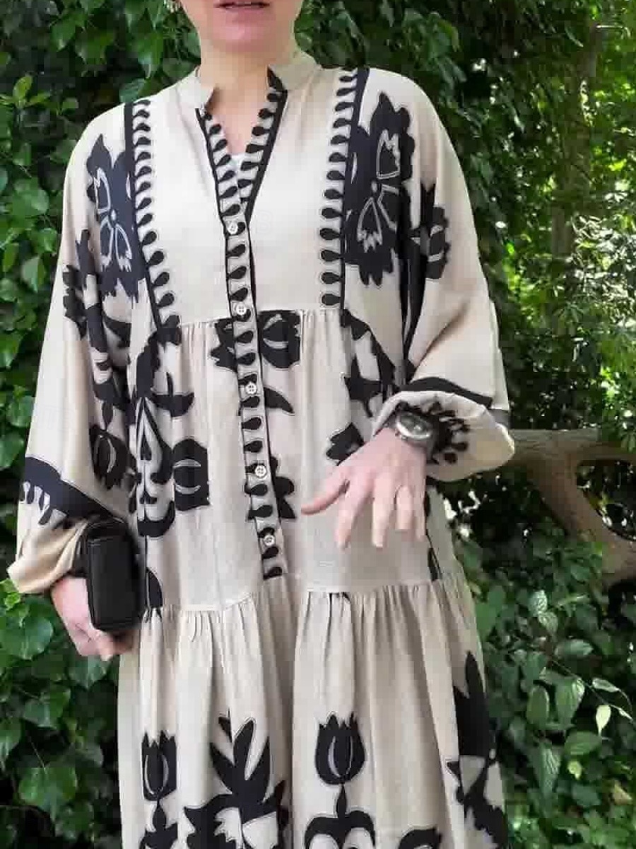 Women's Maxi Dress Casual Dress Swing Dress Boho Dress Vintage Ethnic Casual Vacation Daily Regular Fit Floral Long Sleeve Notched Neck Black White Spring Fall 2025 - $49.99 –P2