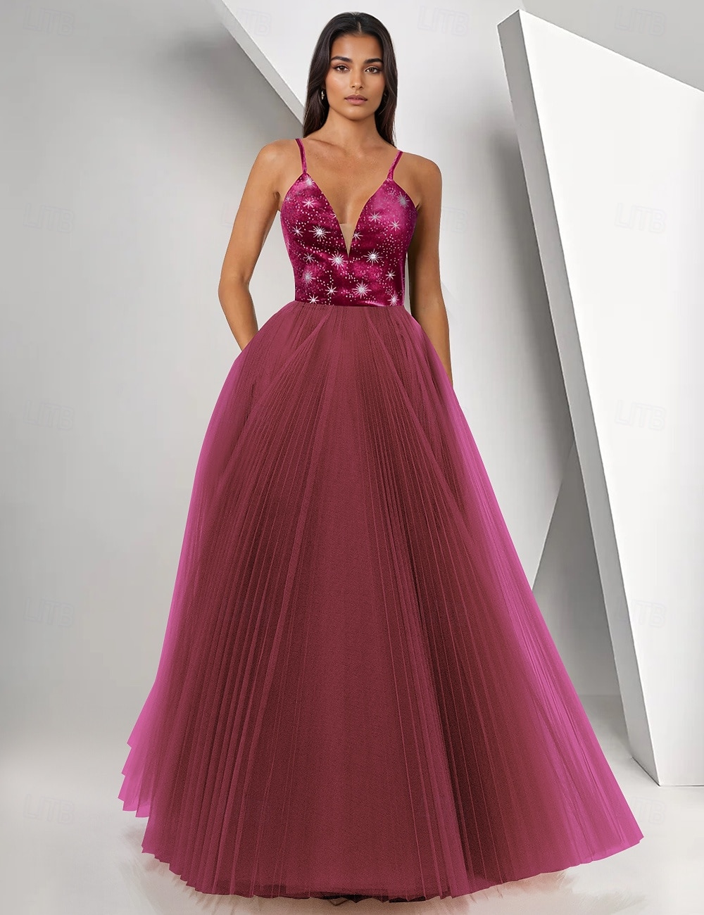 večerní šaty řadové řady elegantní šaty formální ples délka k zemi bez rukávů tyl s výstřihem do V s perličkami flitr 2025 2025 - $173.99 –P1