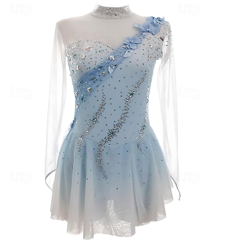 Figure Skating Dress Women's Girls' Ice Skating Dress Sky Blue High Elasticity Training Competition Skating Wear Classic Crystal / Rhinestone Long Sleeve Ice Skating Figure Skating 2026 - $191.99 –P1