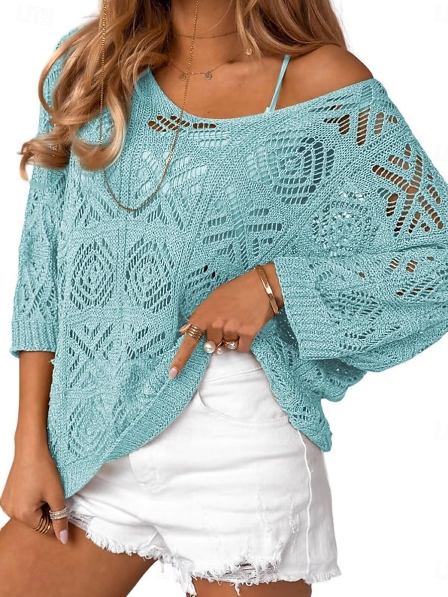 Femme Pull Chandail Décontractées Flexible Couleur monochrome A côtes Col V Tricoté Troué Manches 3/4 Hauts réguliers Tricoter Extérieur du quotidien Fin de semaine Vert Bleu clair Eté Printemps de 2025 ? $38.99 –P1