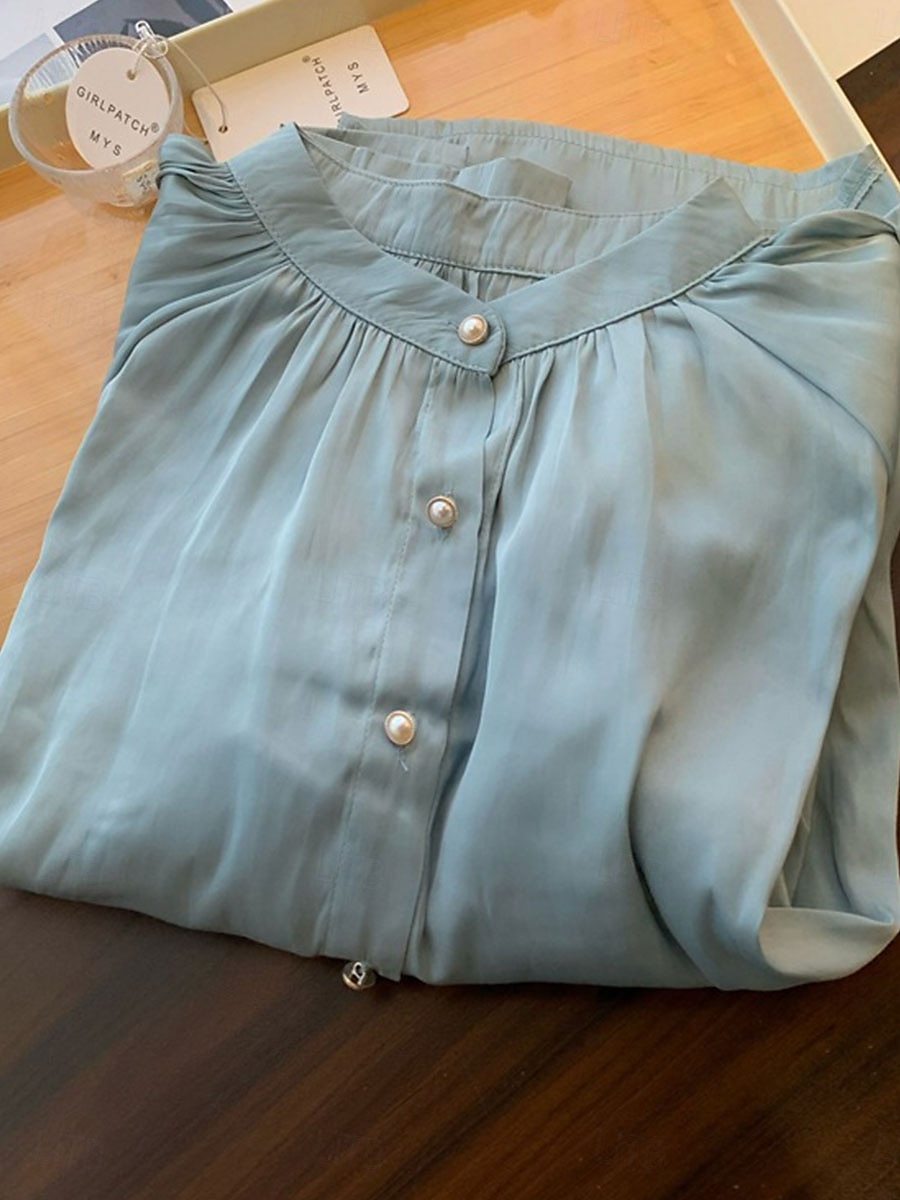 Dame Skjorte Helfarge Elegant Stilfull Fritid Langermet Høyhalset Vanlige topper Arbeid Daglig Ut på byen Svart Blå Kakifarget Beige Sommer Vår Høst 2025 - $39.99 –P8
