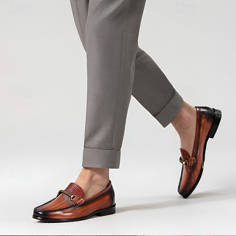 Stylish Brown Leather Loafers with Woven Detail and Metal Bit for Men | Perfect for Casual and Business Casual 2025 - $94.99 –P1