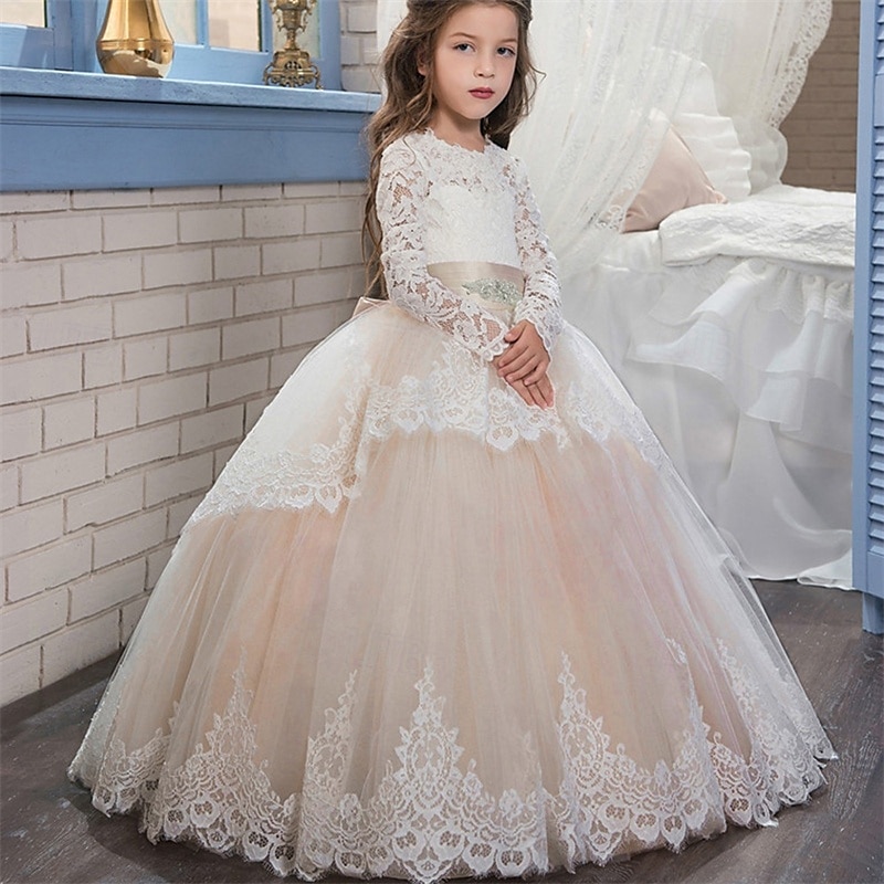Blumenmädchenkleid Kinder Mädchen Prinzessinenkleid Leistung Hochzeit Party Elegant Schön Gitter Feste Farbe Langarm Rundhalsausschnitt Hellgelb Hellrosa 4 Jahre + 2025 - $78.99 –P12