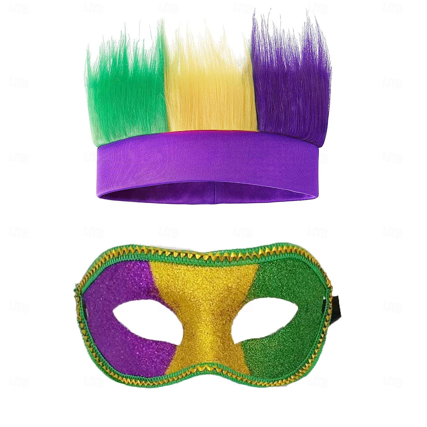 El juego de 2 piezas de suministros para fiestas de Mardi Gras incluye una máscara de Mardi Gras y una diadema peluda, pelucas de cabello loco para cosplay de Mardi Gras, fiesta deportiva y accesorio 2025 - $11.49 –P1