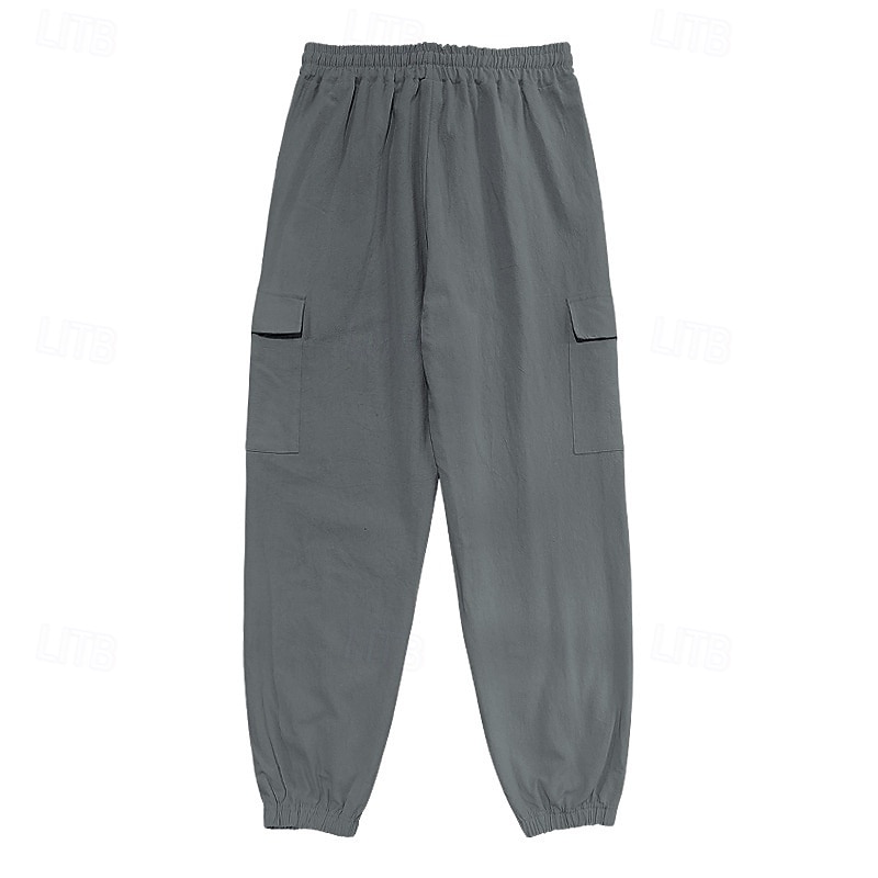Herr Linne Byxor Cargo joggare Långbyxor Sommarbyxor Snörning Elastisk midja Flera fickor Slät Komfort Andningsfunktion Fullängd Utomhus Ledigt Dagligen Mode Klassisk Stil Svart Vit 2025 - $25.99 –P5